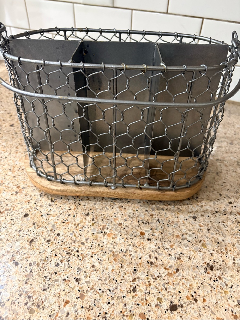 Rustic Metal Wire Organizer with Wood Base - Gray utensil holder- farmhouse